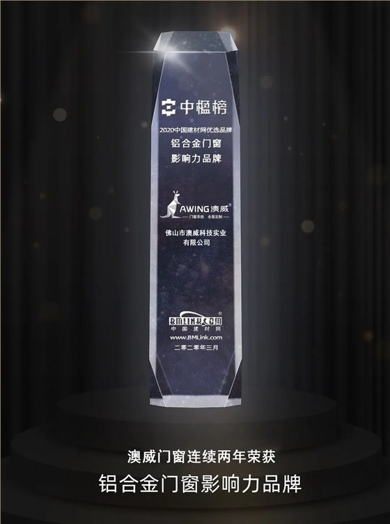 澳威門窗連續兩年榮獲鋁合金門窗影響力品牌